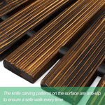 Wooden deck tiles with knife carving patterns on a white background