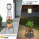 Outdoor plant stand with solar light and plant, showing day and night functionality.
