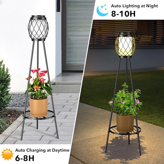 Outdoor plant stand with solar light and plant, showing day and night functionality.