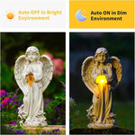 Solar-powered angel statue with light display feature in bright and dim environments.