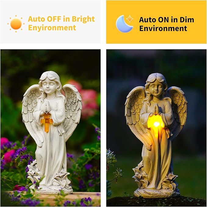 Solar-powered angel statue with light display feature in bright and dim environments.