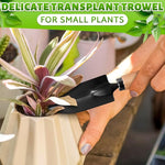 Person using a small transplant trowel to handle a potted plant with text 'Delicate Transplant Trowel for Small Plants'.