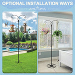 Two installation scenarios of a standing plant holder with outdoor and indoor settings.