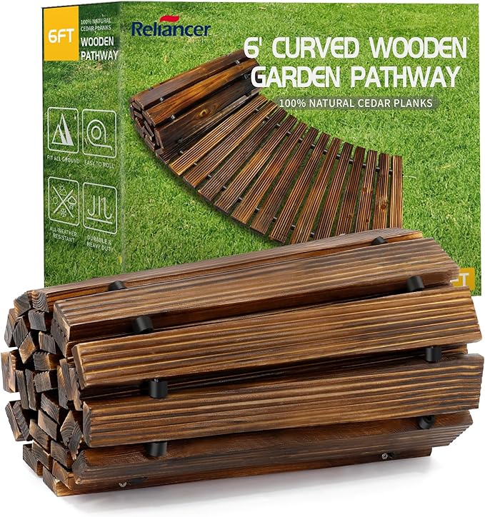 Reliancer curved wooden garden pathway with packaging on a white background
