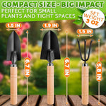 Three gardening tools with wooden handles and metal heads, shown with measurements and text about their compact size and impact.