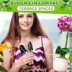 Woman holding gardening tools and an orchid, with text about compact terrace spaces.