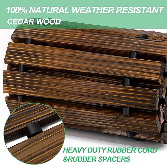 Stack of wooden deck boards with rubber spacers and text highlighting weather resistance and materials.