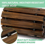 Stack of wooden deck boards with rubber spacers and text highlighting weather resistance and materials.