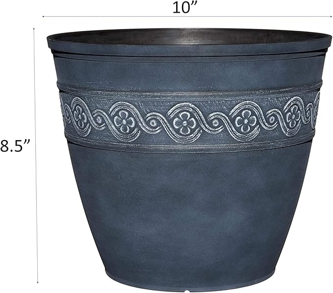 Blue decorative pot with white floral pattern and dimensions on a white background