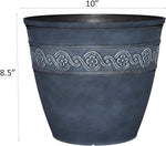 Blue decorative pot with white floral pattern and dimensions on a white background