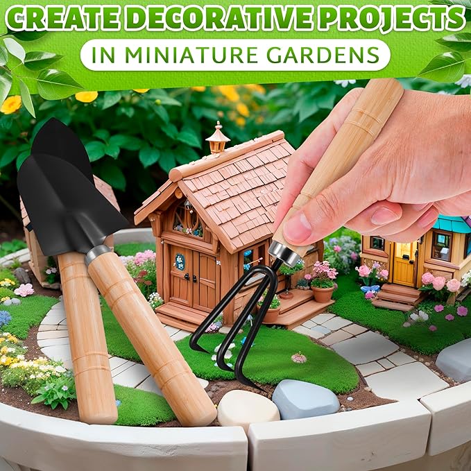 Miniature garden setup with a small wooden cabin, tools, and decorative elements.