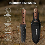 Knife with sheath and measurement details on a natural background