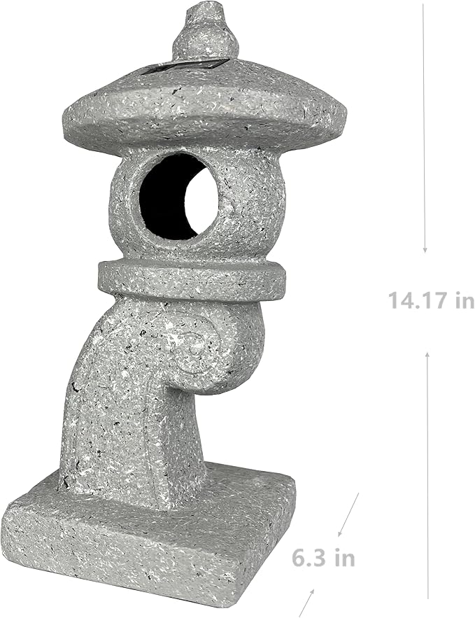 Decorative stone lantern with dimensions indicated on a white background