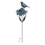 Decorative garden stake with a bird and flower design on a white background