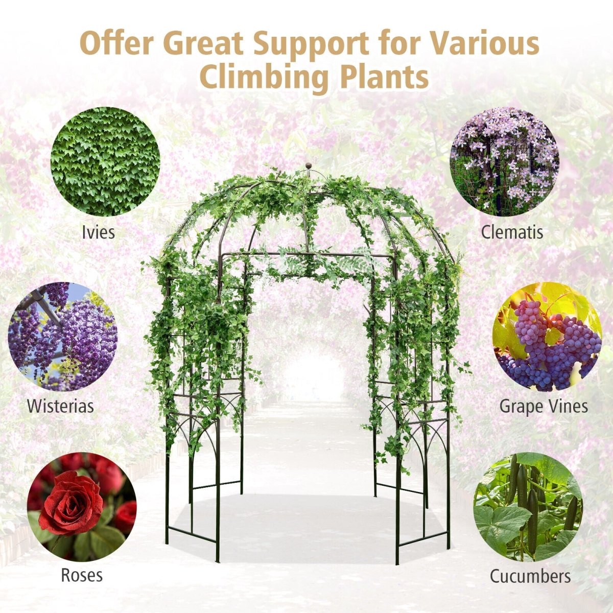8.4 x 7 Ft Birdcage Garden Arbor – Large Metal Outdoor Arbor with Hooks (Bronze) - Napa Valley Wildflower Co.