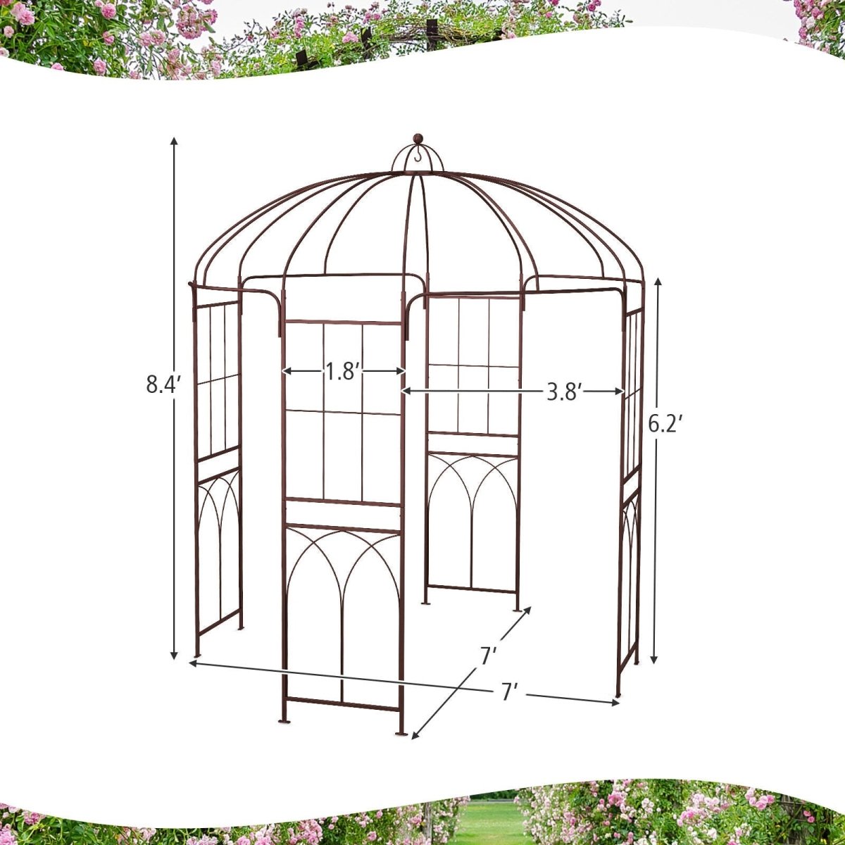 8.4 x 7 Ft Birdcage Garden Arbor – Large Metal Outdoor Arbor with Hooks (Bronze) - Napa Valley Wildflower Co.