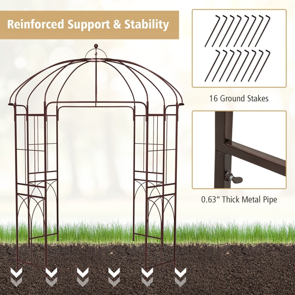 8.4 x 7 Ft Birdcage Garden Arbor – Large Metal Outdoor Arbor with Hooks (Bronze) - Napa Valley Wildflower Co.