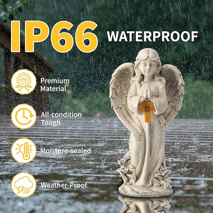Statue of an angel with a cross, labeled IP66 waterproof, on a rainy background.