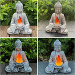 Collage of a Buddha statue holding a flame-like object in various outdoor settings.