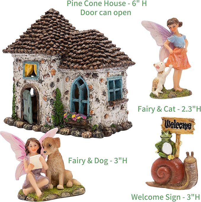 Fairy house with open door, fairy with dog, fairy with cat, and welcome sign on a white background