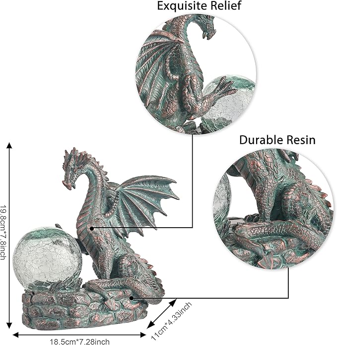Dragon statue with detailed relief and durable resin material, shown with measurements.