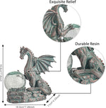 Dragon statue with detailed relief and durable resin material, shown with measurements.
