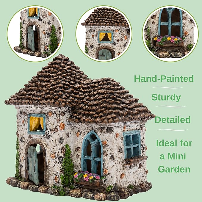 Decorative miniature house with detailed roof and windows on a light green background