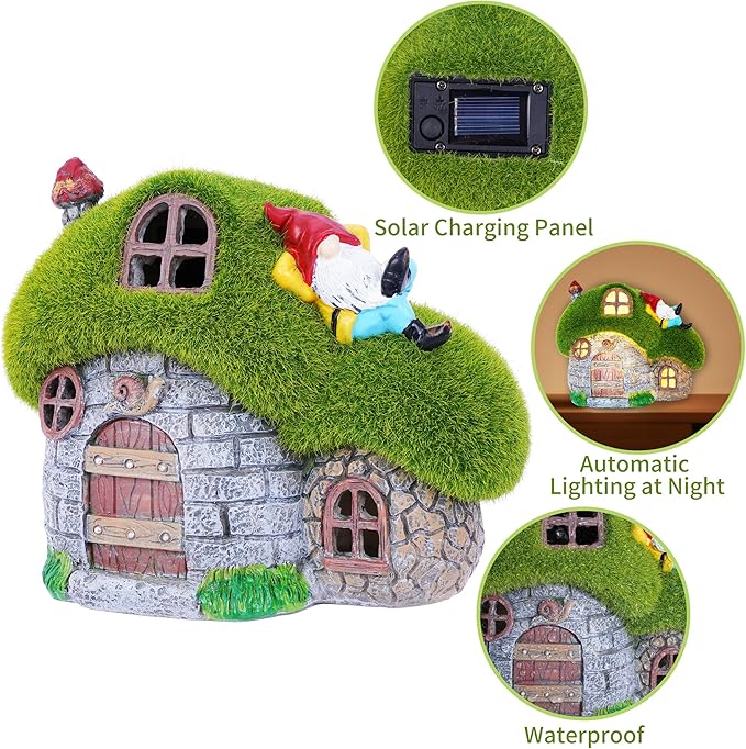 Gnome on a moss-covered roof with solar panel, automatic lighting, and waterproof features.