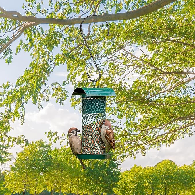 Bird feeder hanging from a tree with birds perched on it, surrounded by green foliage.