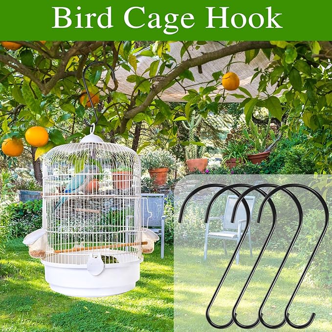Bird cage hook with a white bird cage in a garden setting