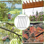 Collage of hanging bird feeders, birdhouse, and lantern with metal hooks on a natural background.