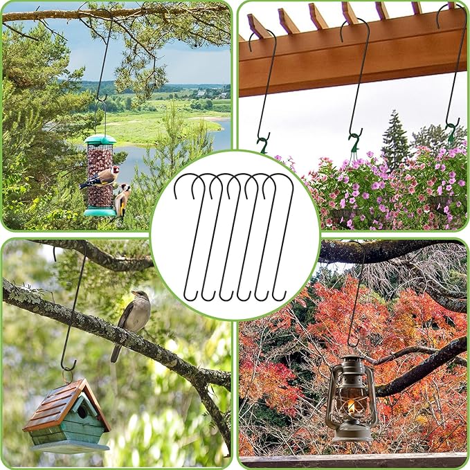 Collage of hanging bird feeders, birdhouse, and lantern with metal hooks on a natural background.