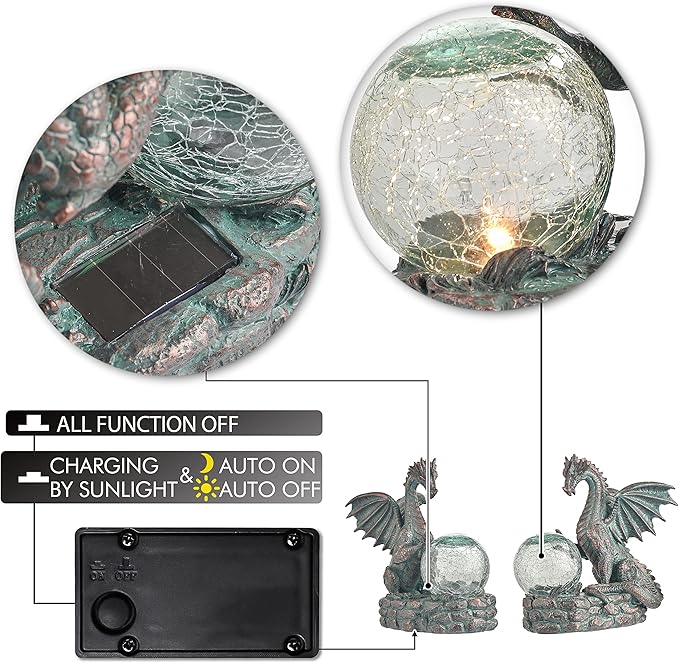 Solar-powered decorative light with cracked glass sphere and dragon statues, showing charging and function status indicators.