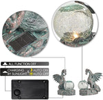 Solar-powered decorative light with cracked glass sphere and dragon statues, showing charging and function status indicators.