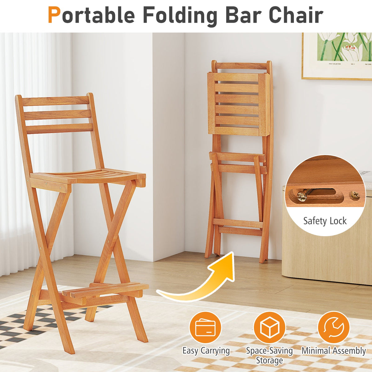 Wooden portable folding bar chair with safety lock feature on a white background