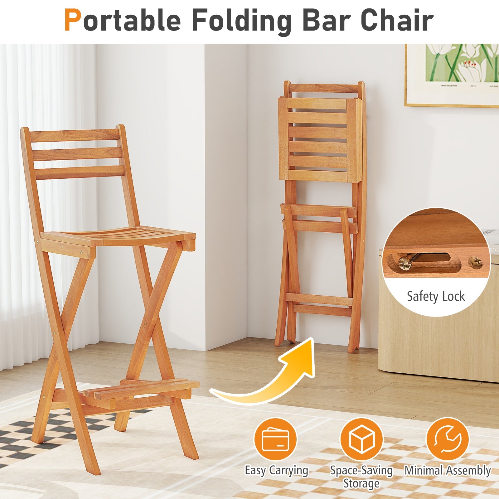 Wooden portable folding bar chair with safety lock feature on a white background