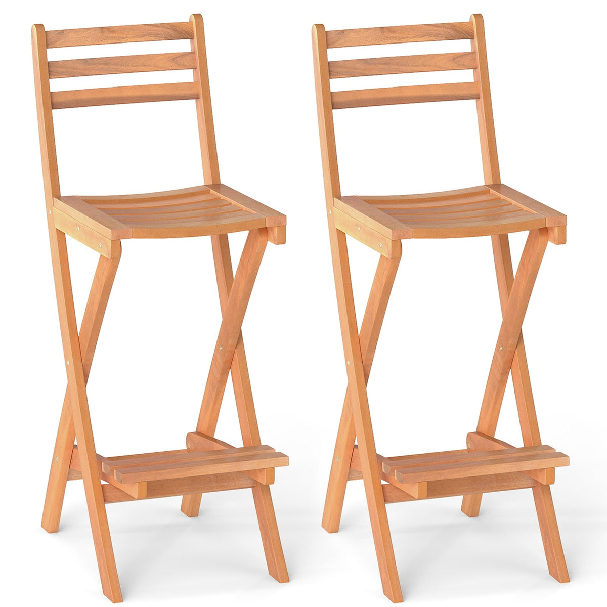 Two wooden folding stools on a white background