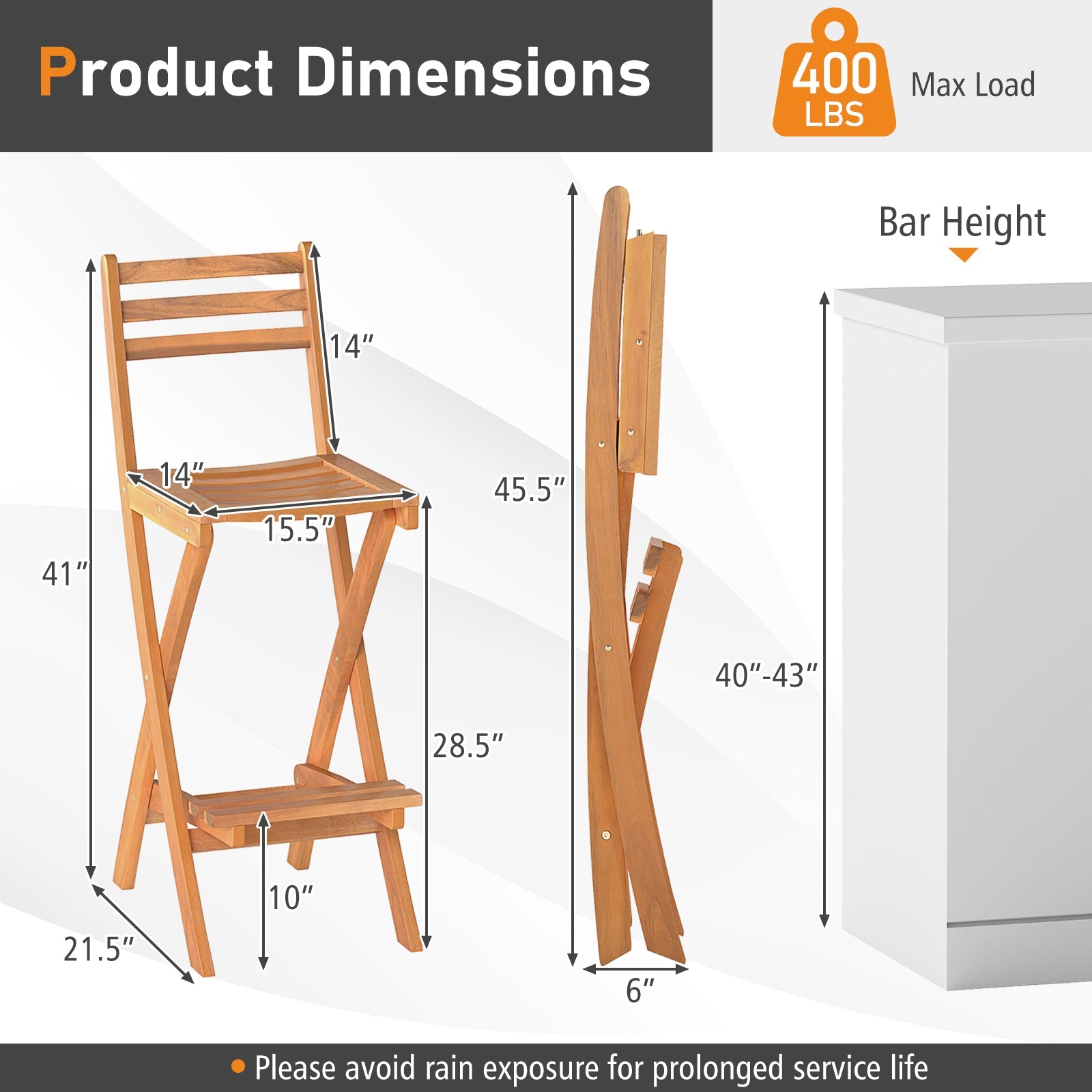 Wooden bar stool with dimensions and product details on a white background