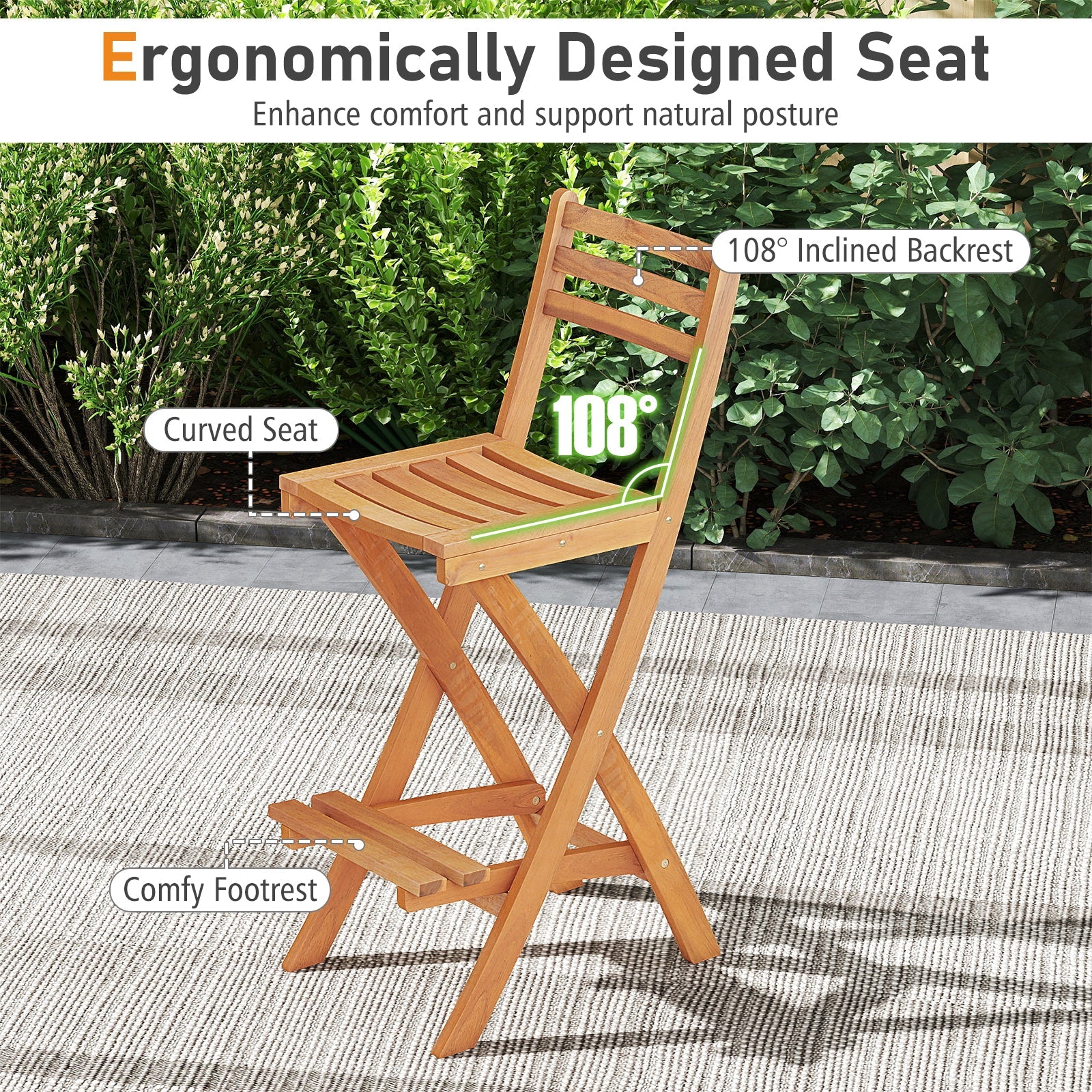 Wooden chair with ergonomic design features labeled, set against a green outdoor background.