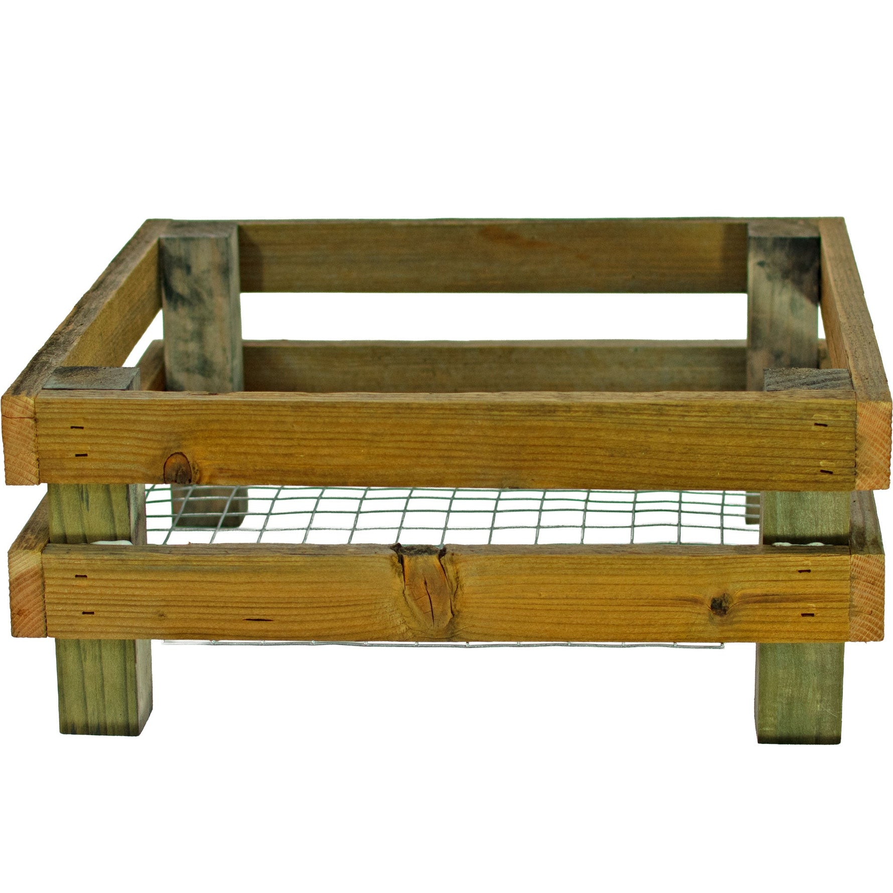 Wooden chicken coop with wire bottom on a white background