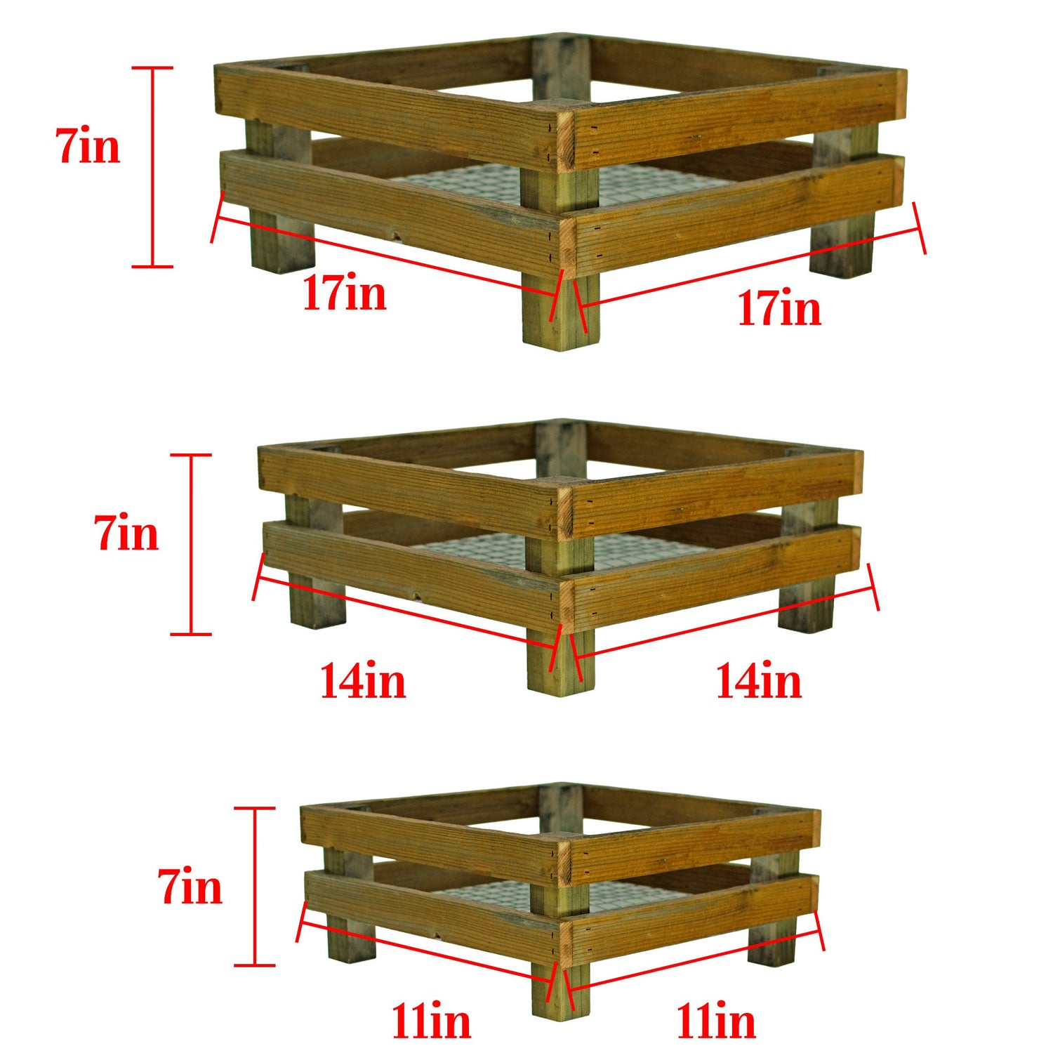 Wooden crates with dimensions labeled on a white background