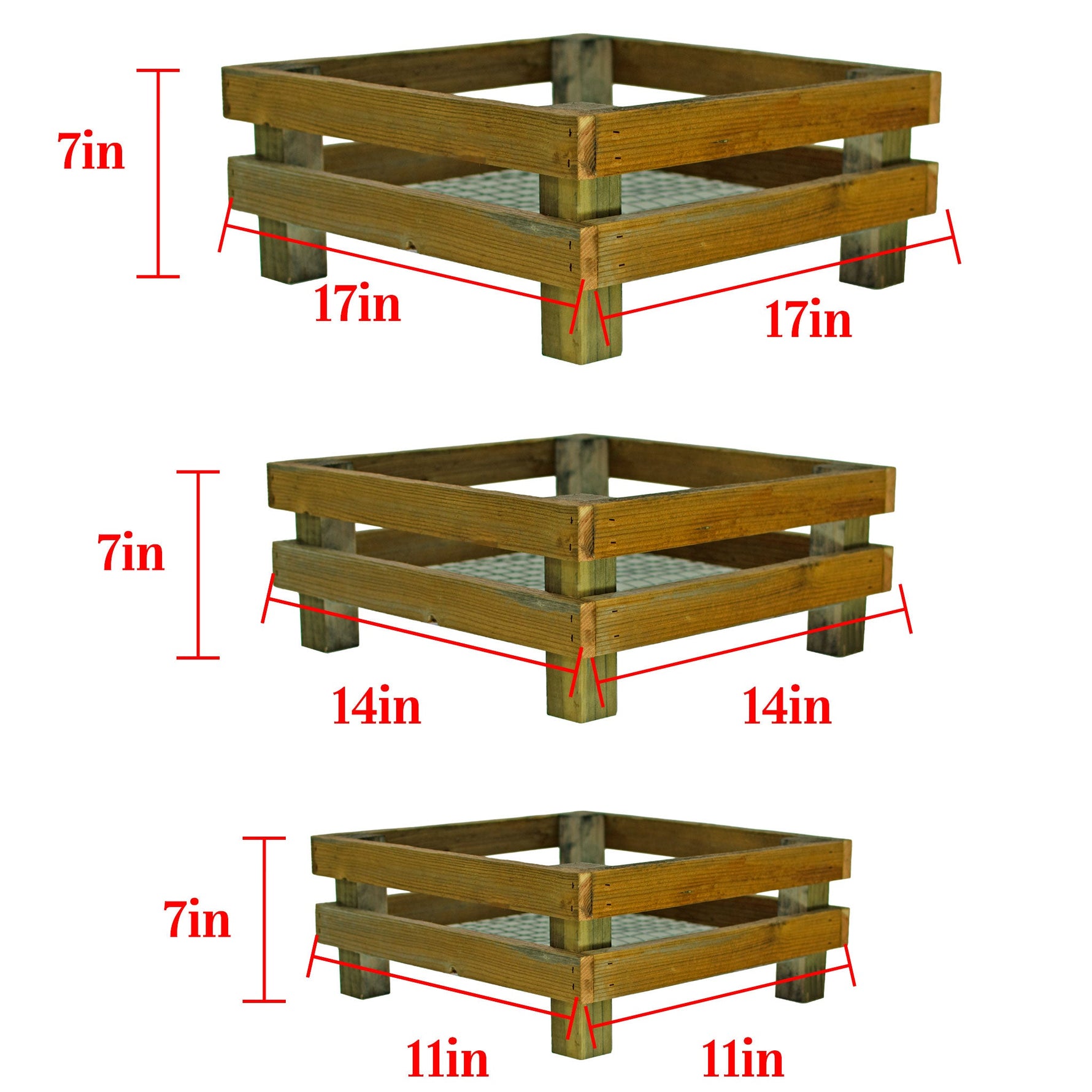 Wooden crates with dimensions labeled on a white background