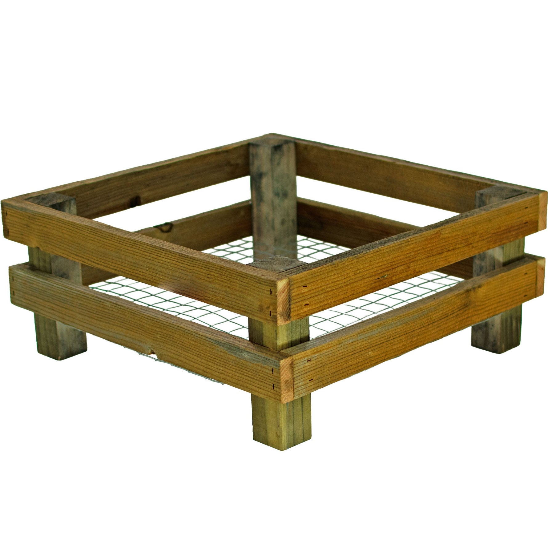 Wooden pallet with metal grid on a white background