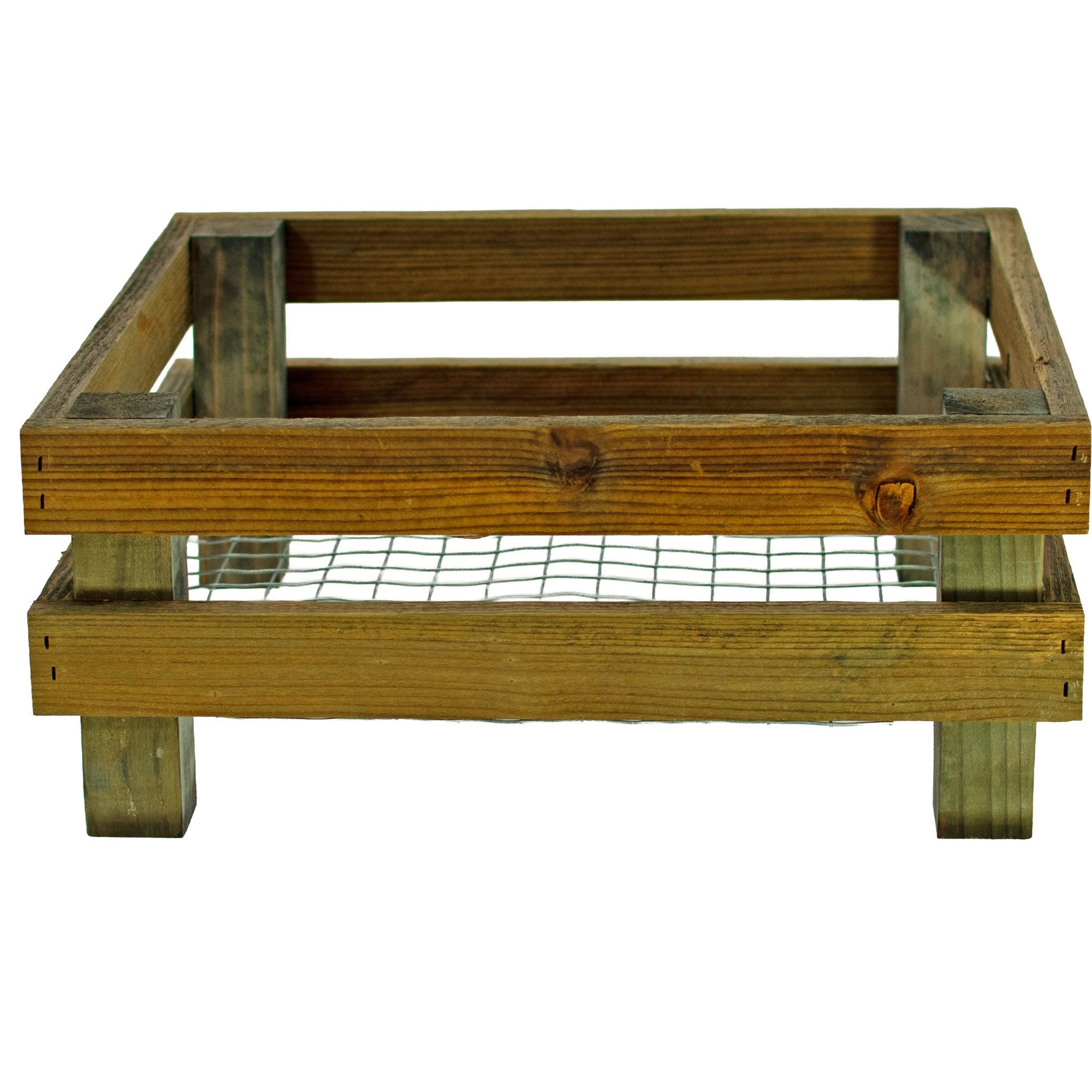 Wooden rabbit hutch with wire bottom on a white background