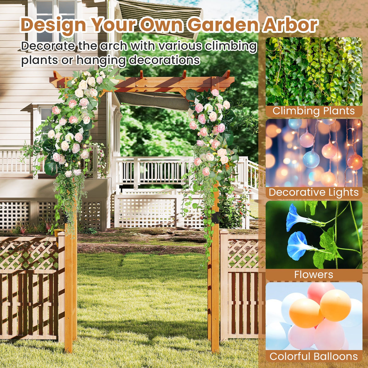 Garden arbor with decorative elements like climbing plants, lights, flowers, and balloons.