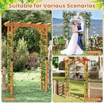 Wooden archway with greenery in various settings including garden, wedding, and courtyard.