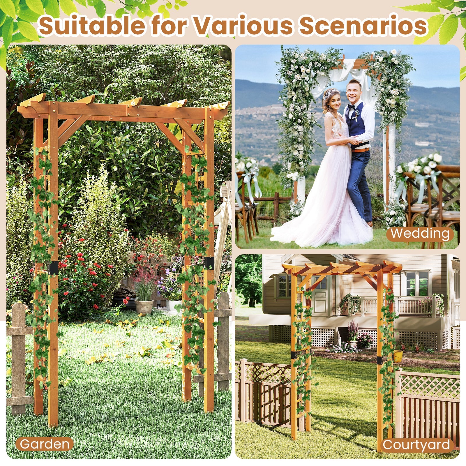 Wooden archway with greenery in various settings including garden, wedding, and courtyard.