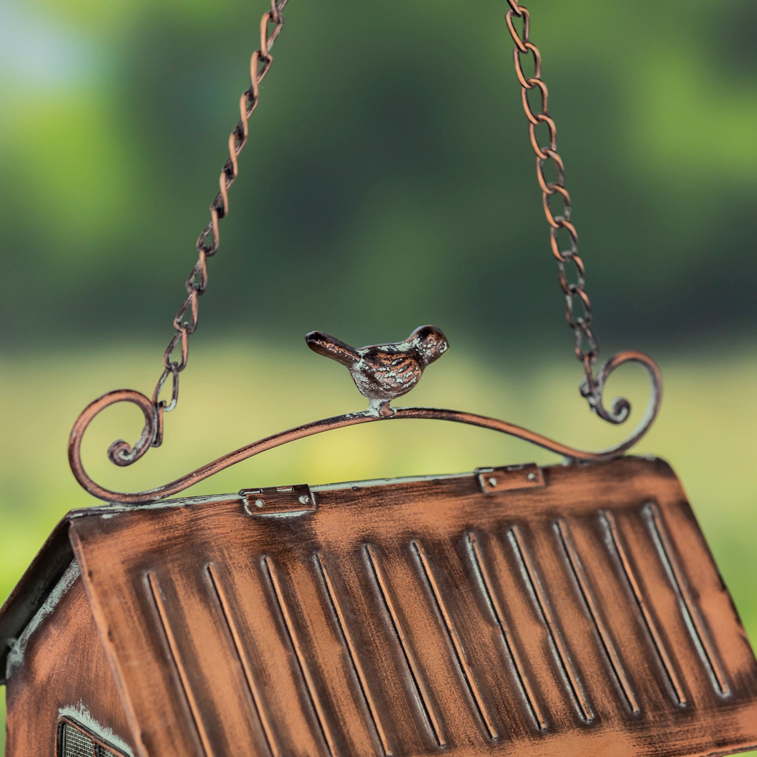 Top of a bird feeder adorned with a little bird