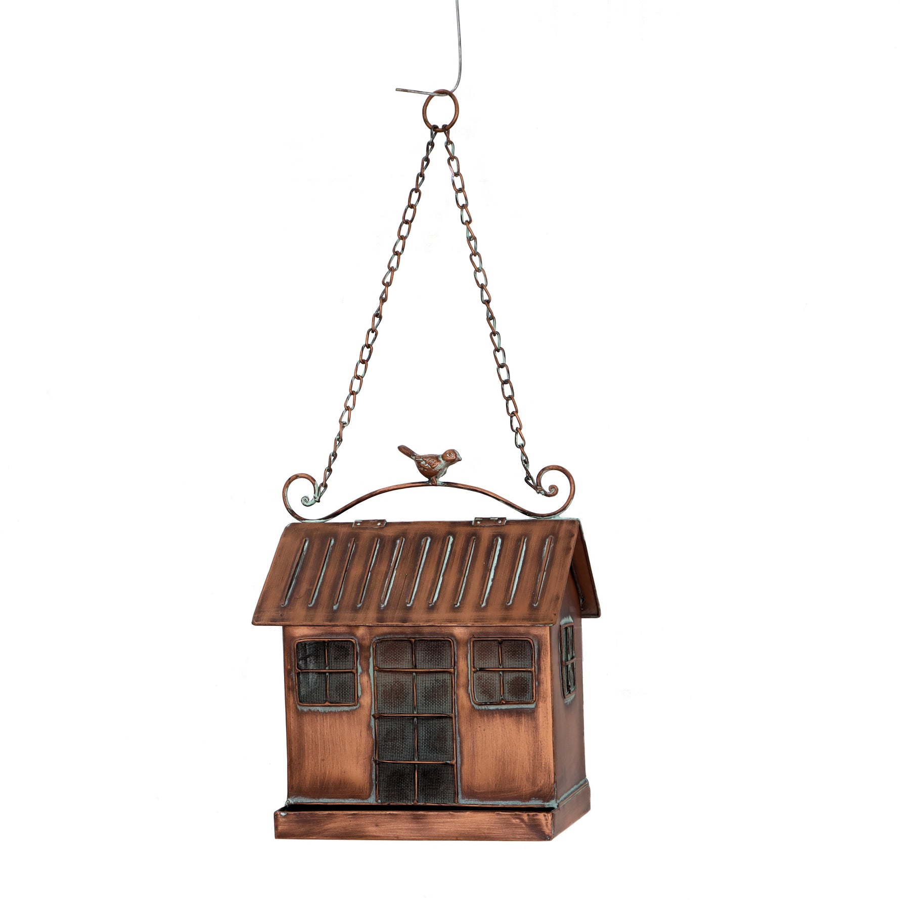 A copper bird feeder against a white background