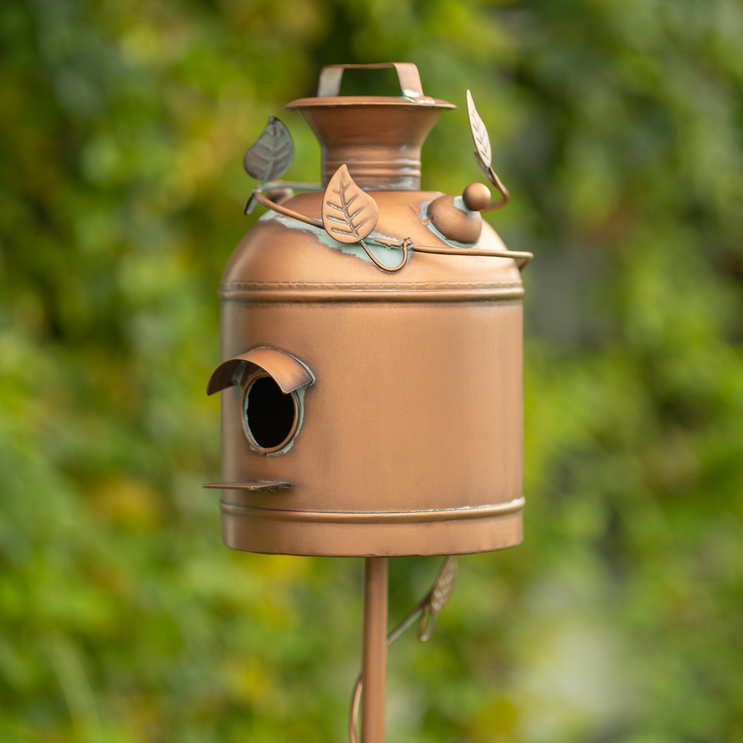 63" Tall Antique Copper Milk Can Birdhouse Garden Stake